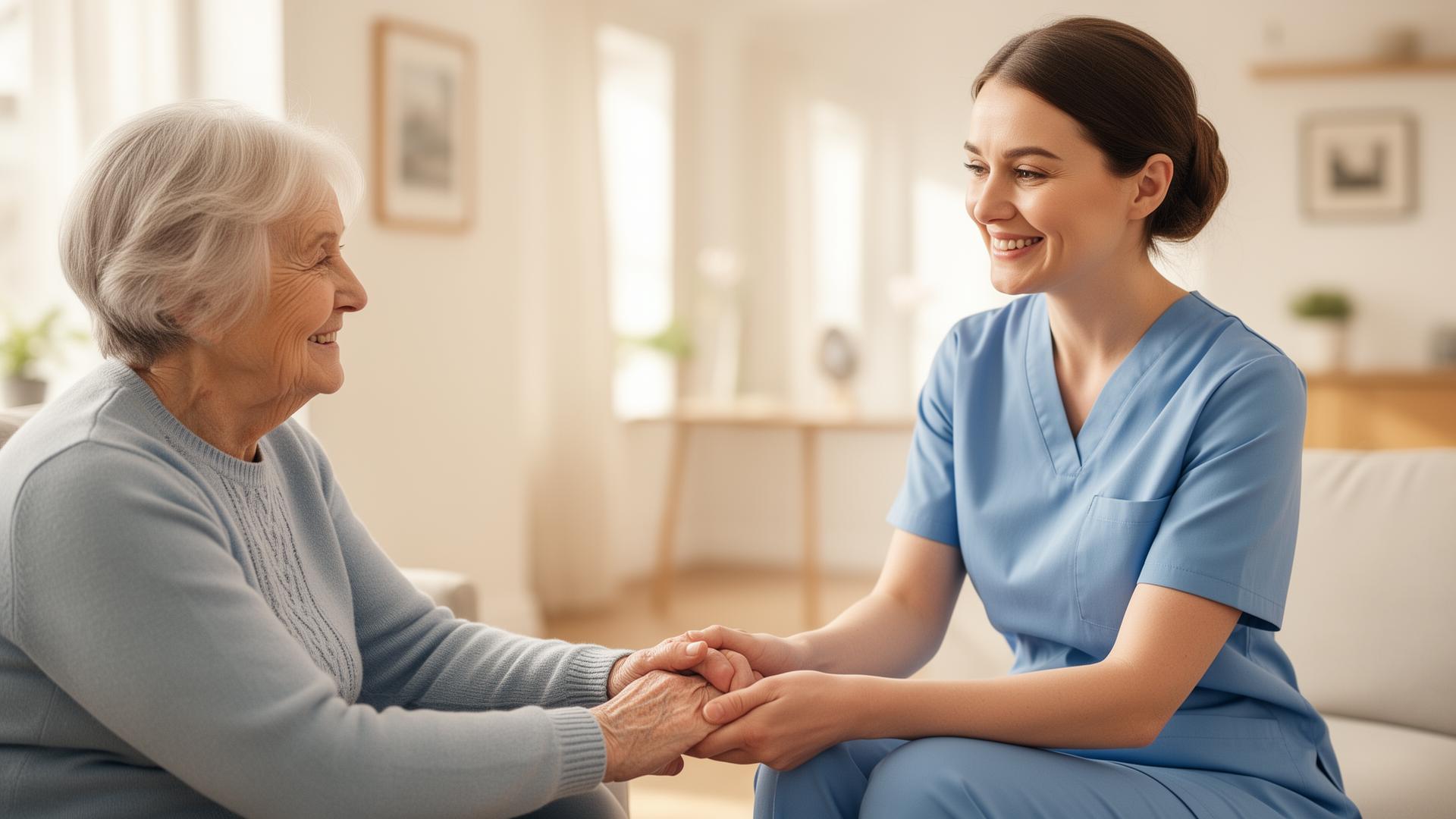 Nurse holding hands with elderly woman